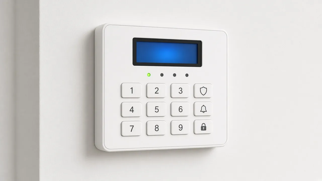 Modern white intruder alarm keypad on an interior wall