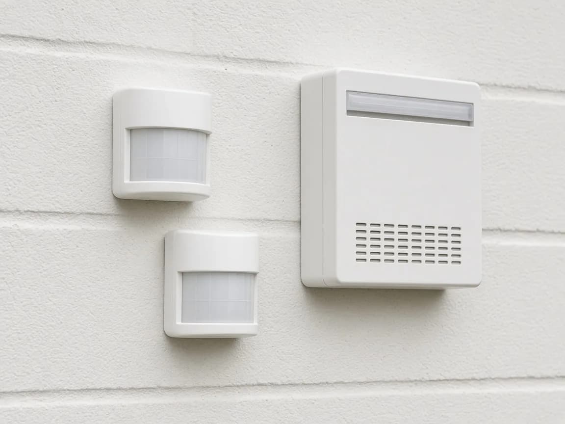 White PIR detectors and a modern alarm sounder on a wall