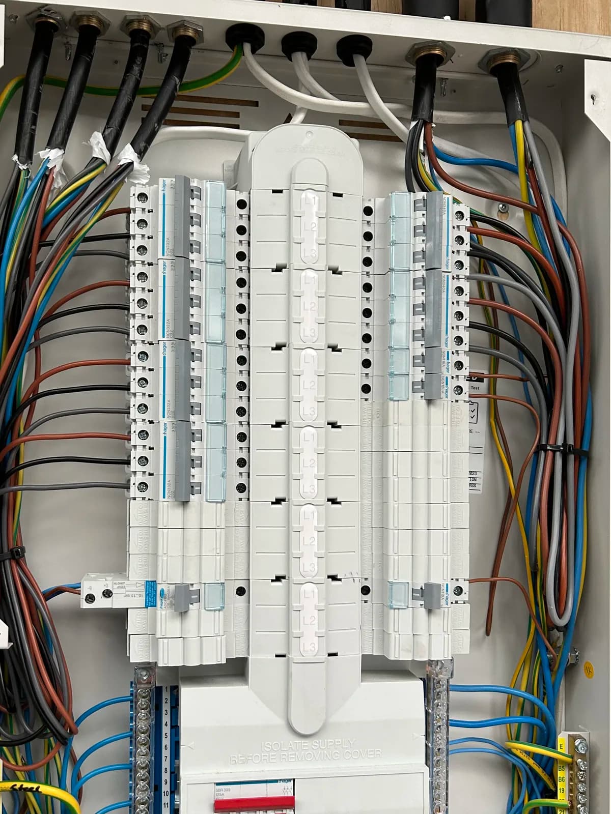 Three-phase Hager board with L1, L2 and L3