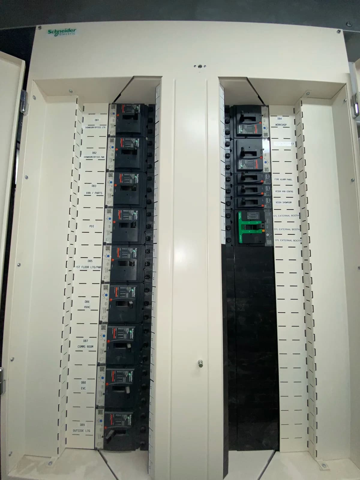 Schneider three-phase distribution board in a commercial building